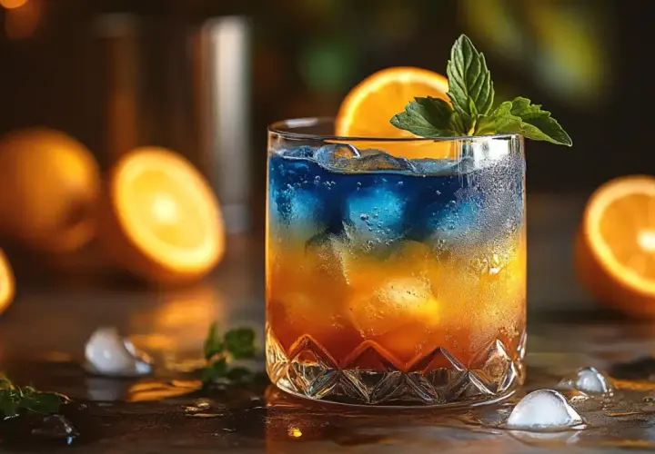 Kolorowe drinki przepisy: dwukolorowy koktajl z pomarańczą i miętą, otoczony owocami i lodem.