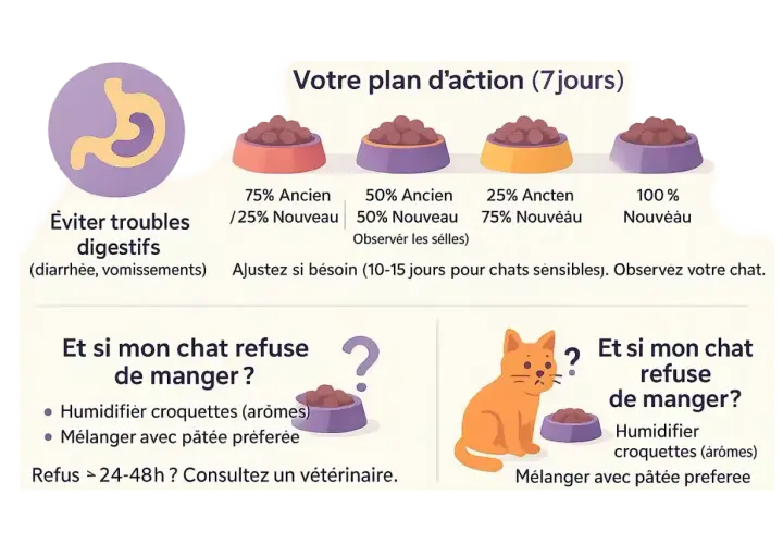 Un chat tigré regarde la caméra, à côté de deux bols de croquettes : "Anciennes" et "Nouvelles".