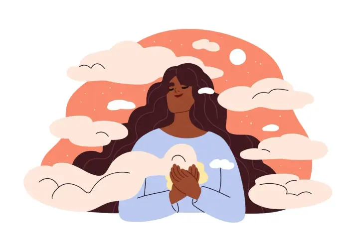 Kobieta z zamkniętymi oczami trzyma w dłoniach chmurkę, otoczona pastelowymi chmurami.