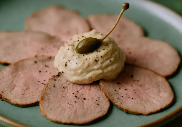 Vitello Tonnato auf einem Teller, garniert mit Kapern und einer cremigen Sauce. Perfekt zu einem Glas Weißwein.
