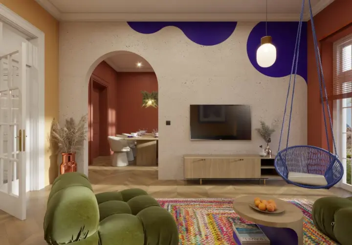 Nowoczesny salon z huśtawką, kolorowym dywanem i widokiem na jadalnię.