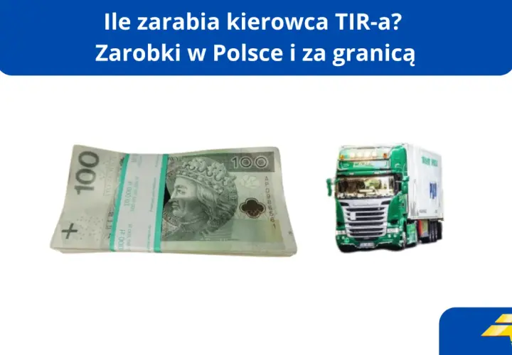 Ile zarabia kierowca tira? Stos banknotów 100 zł i zielona ciężarówka sugerują zarobki kierowcy tira w Polsce i za granicą.