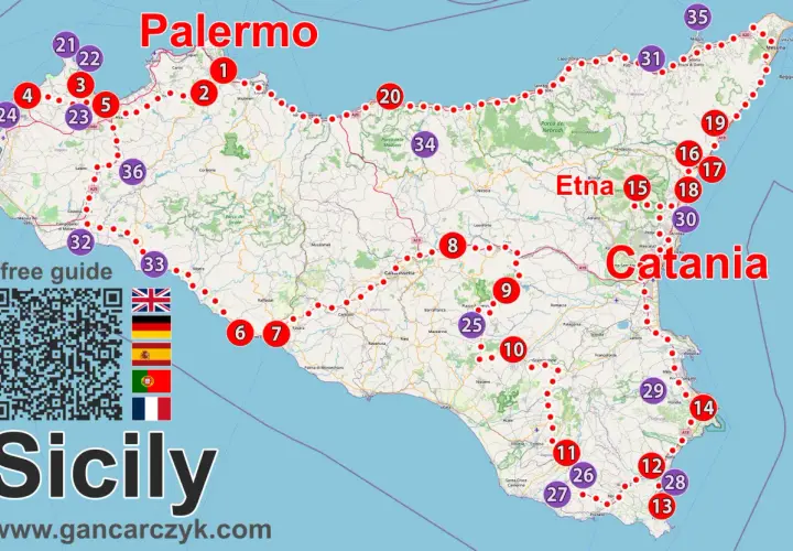 Mapa Sycylii z zaznaczonymi punktami turystycznymi, trasą i nazwami miast Palermo i Katania.