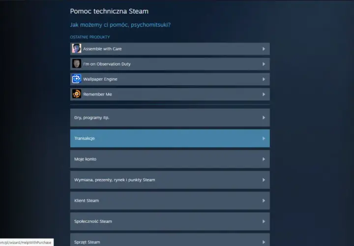 Pomoc techniczna Steam. Sekcja "Transakcje" może pomóc odpowiedzieć na pytanie, czy da się wyplacić pieniadze ze Steam.