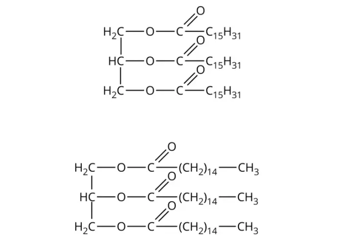Struktury chemiczne: tristearynian glicerolu i tripalmitynian glicerolu.