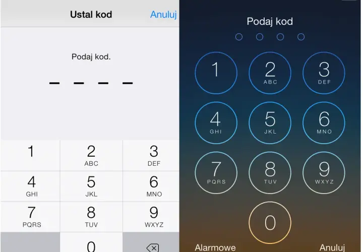 Dwa ekrany blokady iPhone'a: jeden z polami do wpisania kodu, drugi z klawiaturą numeryczną.