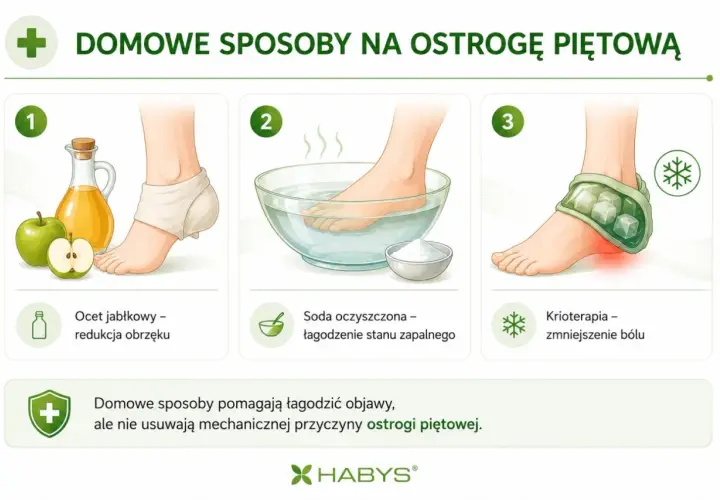 Domowe sposoby na ostrogi piętowe: okład z octu jabłkowego, kąpiel z sodą oczyszczoną, krioterapia. Pomagają łagodzić objawy.