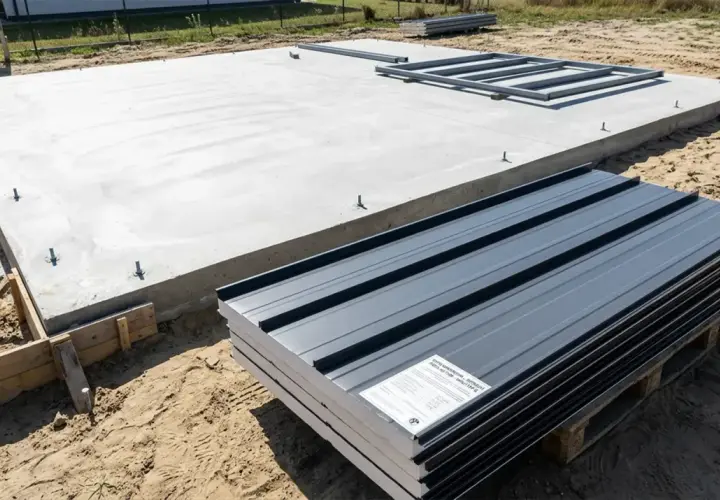 Fundament pod garaż z płyty warstwowej projekt. Betonowa płyta z kotwami i stosem szarych paneli gotowych do montażu.
