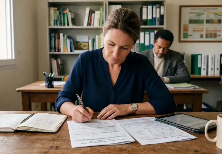 Une femme concentrée rédige un document, peut-être pour un certiphyto conseil, dans une salle de classe avec des étagères remplies de livres.