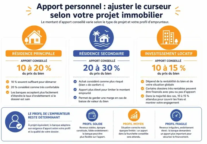Apport personnel pour un projet immobilier : 10-20% pour résidence principale, 20-30% pour secondaire, 10-15% pour locatif. Le profil de l'emprunteur est clé.