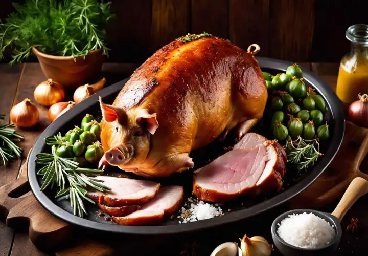 Un magnifique cochon à la broche doré, servi avec des tranches de viande, des petits fruits verts, des oignons et des herbes aromatiques.