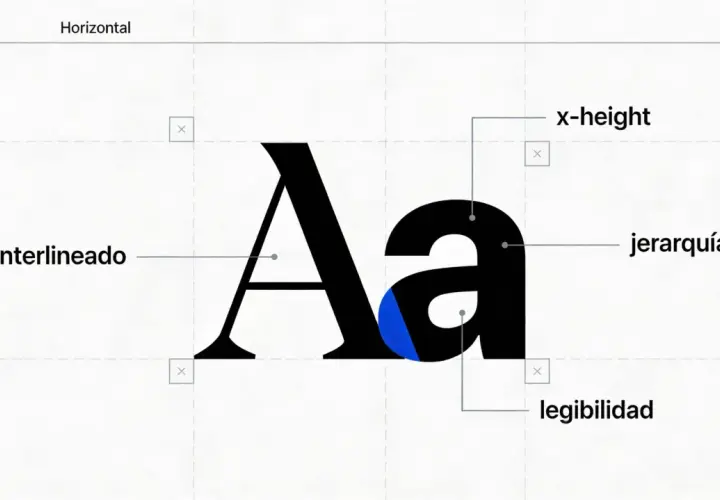 Letras sueltas "Aa" con etiquetas que explican el interlineado, x-height, jerarquía y legibilidad.