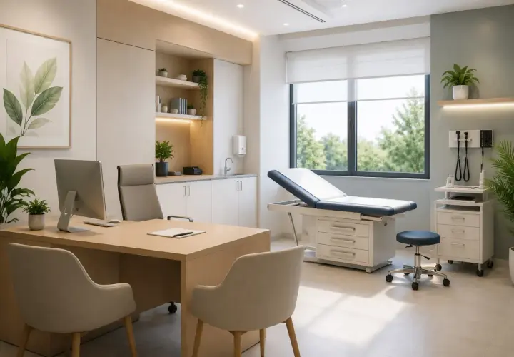 Interno moderno di un **progetto studio medico**: scrivania con computer, lettino visita, sedie e armadietti.