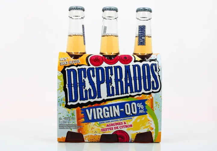 Pack de 3 bières Desperados Virgin 0.0% alc. Agrumes & Zestes de Citron. Une bière sans alcool pour profiter du goût sans l'alcool dans bière sans alcool.