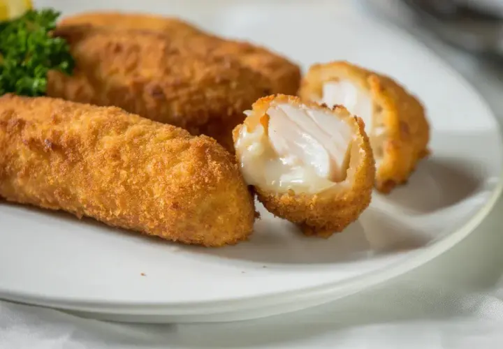 Croquetas de bacalao doradas y crujientes, una partida muestra su interior jugoso y blanco.