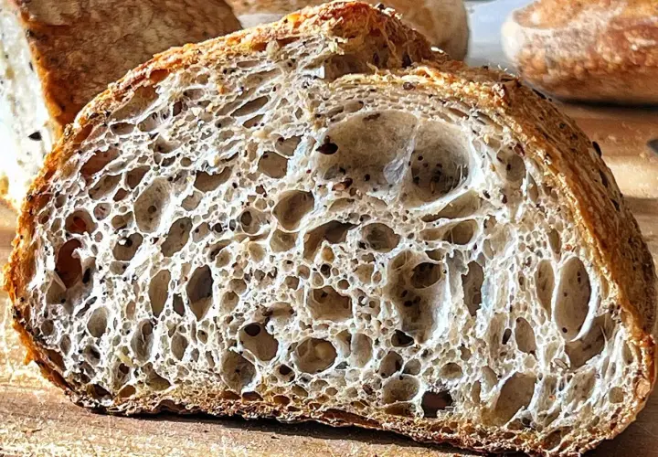 Fetta di pane con lievito madre, alveolatura perfetta e crosta dorata. Un capolavoro artigianale.