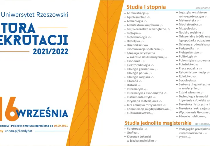 Logo Uniwersytetu Rzeszowskiego, tekst "II Tura Rekrutacji 2021/2022" i lista kierunków studiów.
