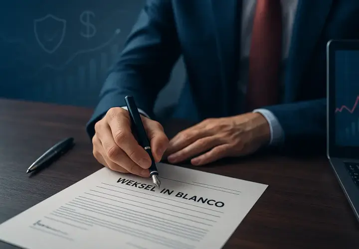 Biznesmen podpisuje weksel in blanco. Na ekranie laptopa wykres finansowy.