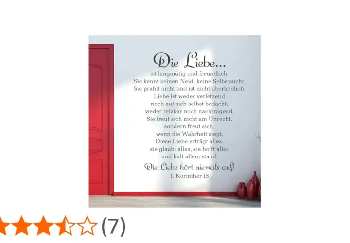 Wandaufkleber mit dem Text aus 1. Korinther 13 über die Liebe, neben einer roten Tür.