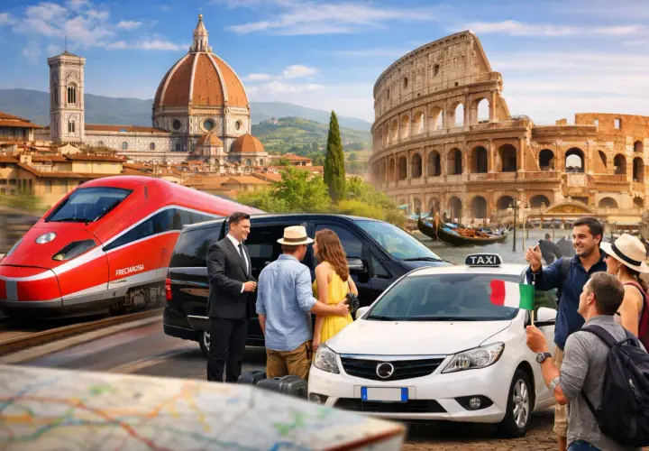 Tourists discuss their travel plans, with a high-speed train, Colosseum, and Florence's Duomo in the background. Should I rent a car in Rome?