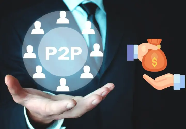 En cirkel med personer och texten P2P symboliserar hur peer-to-peer betyder direkt utbyte, som att ge en pengapåse.