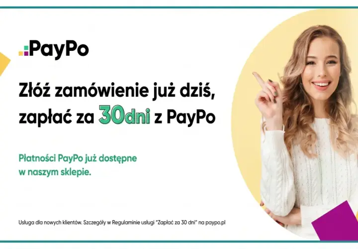 Uśmiechnięta kobieta zachęca do zakupów z PayPo. Zamów dziś i zapłać za 30 dni. Płatności PayPo dostępne w sklepie.