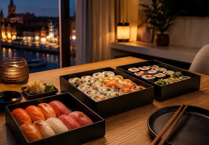 Eleganckie pudełka z najlepszym sushi w Gdańsku, serwowane przy blasku świecy, z widokiem na nocne miasto.