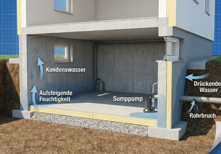 Kellerfeuchte: Kondenswasser, aufsteigende Feuchtigkeit, drückendes Wasser durch Rohrbruch. Eine Sumpfpumpe hilft.