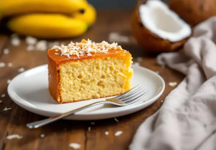 Tranche de moelleux gâteau banane sans lait, garnie de noix de coco râpée et d'un glaçage doré. Des bananes et de la noix de coco sont visibles en arrière-plan.