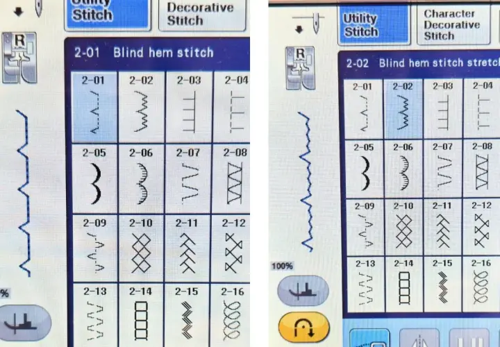 Sewing machine screen showing various blind hem stitch options. Learn how to use a blind hem foot for invisible stitches.