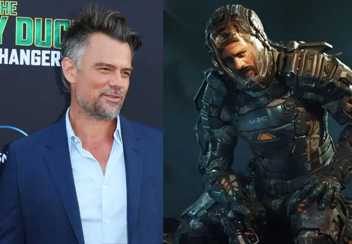 L'acteur Josh Duhamel, qui prête sa voix à Jacob Lee, le protagoniste du jeu vidéo Callisto Protocol, en armure futuriste.
