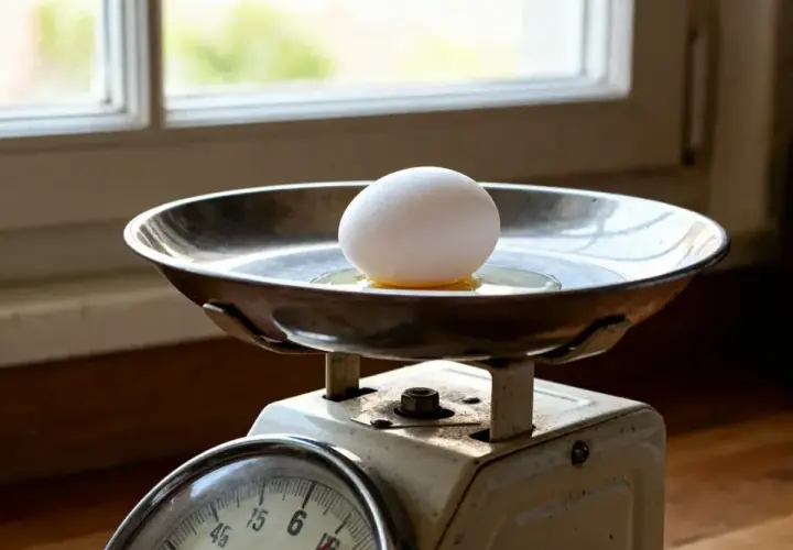 Un œuf blanc sur une balance ancienne, prêt à être pesé. Le poids blanc d'œuf est sur le plateau métallique.