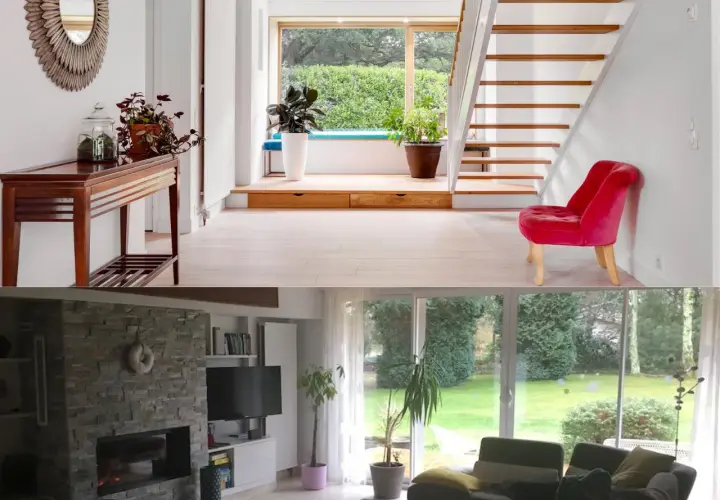 Avant/après rénovation maison : entrée lumineuse avec escalier moderne et salon cosy donnant sur jardin verdoyant.