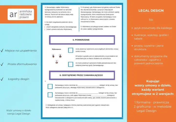 Wzór umowy o dzieło między osobami fizycznymi, z elementami Legal Design. Zawiera sekcje dotyczące powierzenia wykonania, odstąpienia od umowy i płatności.