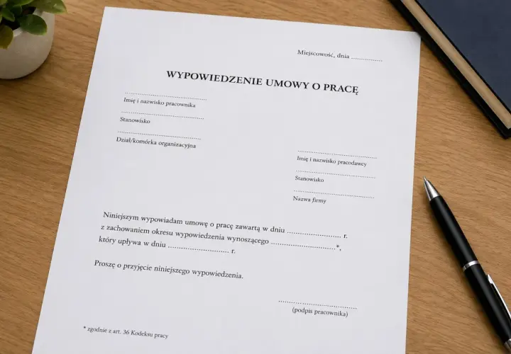 Dokument "Wypowiedzenie umowy o pracę" z polami do wypełnienia, z uwzględnieniem okresu wypowiedzenia. Długopis i notatnik obok.