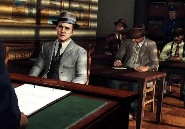 Detektyw Cole Phelps przesłuchuje świadków w sprawie, która może być kluczowa dla **la noire spolszczenie**.