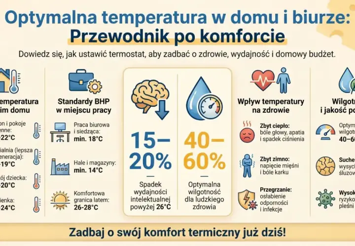 Jaka temperatura w domu jest optymalna? Poradnik pokazuje idealne wartości dla salonu (20-22°C), sypialni (16-19°C), pokoju dziecka (18-20°C) i łazienki (22-24°C).