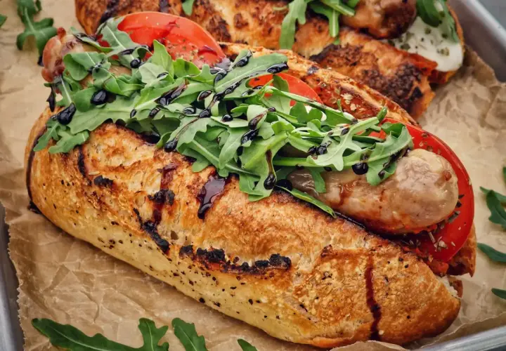 Ein knuspriges Baguette mit einer herzhaften salsiccia italiana, frischen Tomaten und Rucola, beträufelt mit Balsamico.