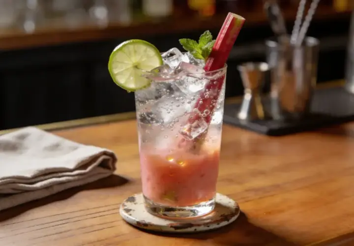 En uppfriskande rabarber mojito med lime, mynta och is på en träbar.