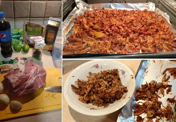 Składniki do przygotowania carnitas: surowa wieprzowina, cebula, czosnek, limonki, przyprawy, cola i sok pomarańczowy. Mięso pieczone na blasze, gotowe do rozdrobnienia.