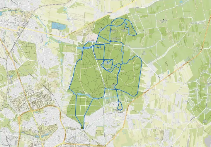 Mapa z zaznaczonymi trasami rowerowymi w Łodzi, prowadzącymi przez tereny zielone i lasy, m.in. Las Łagiewnicki.