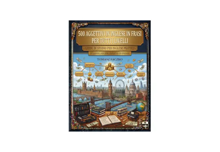 Copertina libro "500 aggettivi in inglese in frasi", con Londra sullo sfondo. Utile per imparare aggettivi in inglese con la l.