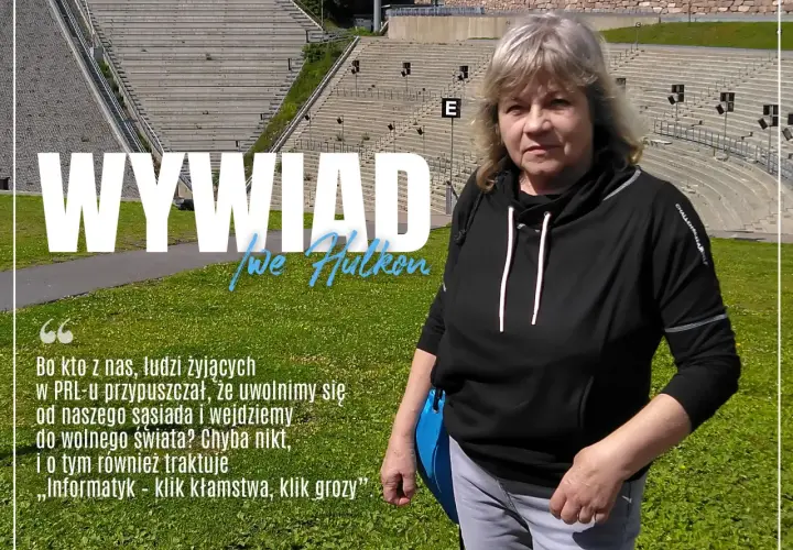 Kobieta na tle skoczni narciarskiej. Napis "WYWIAD". Tekst o wolności i informatyce. Ira planety tekst.