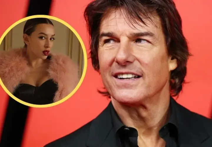 Tom Cruise z uśmiechem, obok zdjęcie kobiety w różowym futerku, która mogłaby być jego żoną.