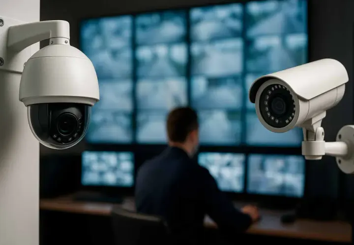 Cámaras de videovigilancia y CCTV en un centro de monitoreo. La diferencia entre CCTV y videovigilancia se ilustra con estos dispositivos.