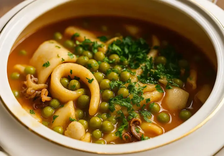 Un gustoso piatto di seppioline surgelate con piselli, cotte in un sugo saporito e guarnite con prezzemolo fresco.
