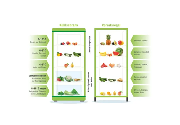 Sommerliche Vielfalt: Kühlschrank und Vorratsregal zeigen, wie Obst und Gemüse optimal gelagert werden.