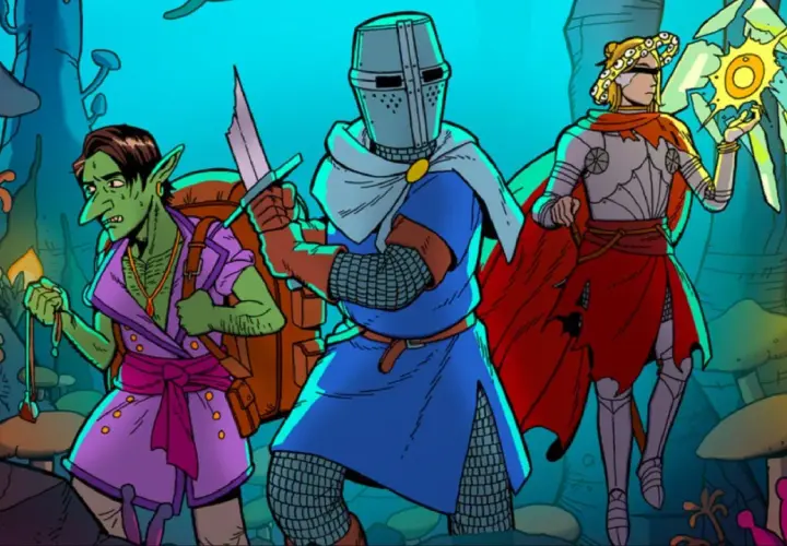 Goblin, rycerz i mag w surrealistycznym krajobrazie pełnym grzybów. To przygoda w stylu planescape.