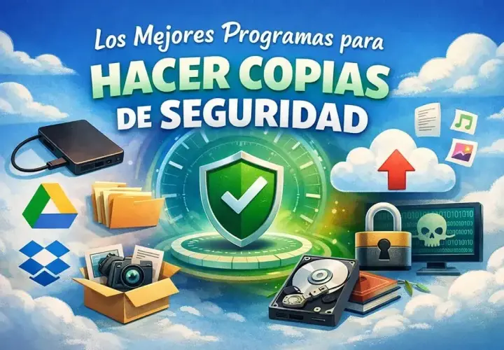 Ilustración sobre para que sirve una copia de seguridad, con iconos de disco duro, nube, candado, carpetas y cámara.