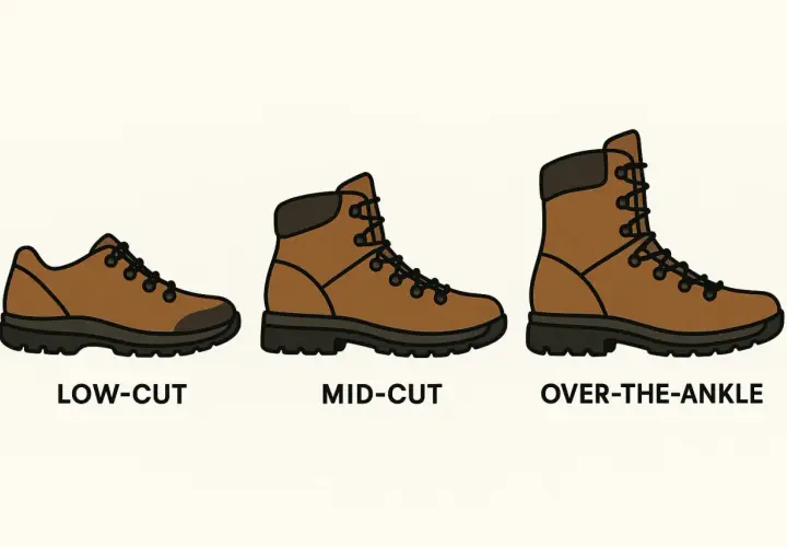 Three brown boots: low-cut, mid-cut, and over-the-ankle. Learn how to find the right boot size for your adventure.
